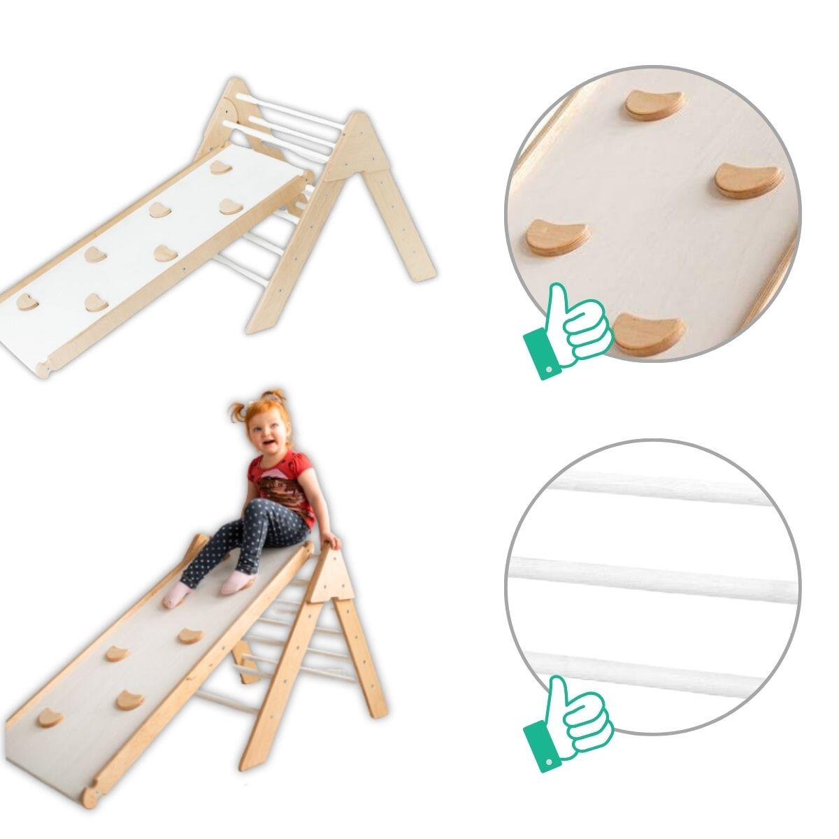 Structure d’escalade en bois d’intérieur avec triangle d’escalade et toboggan 6/7