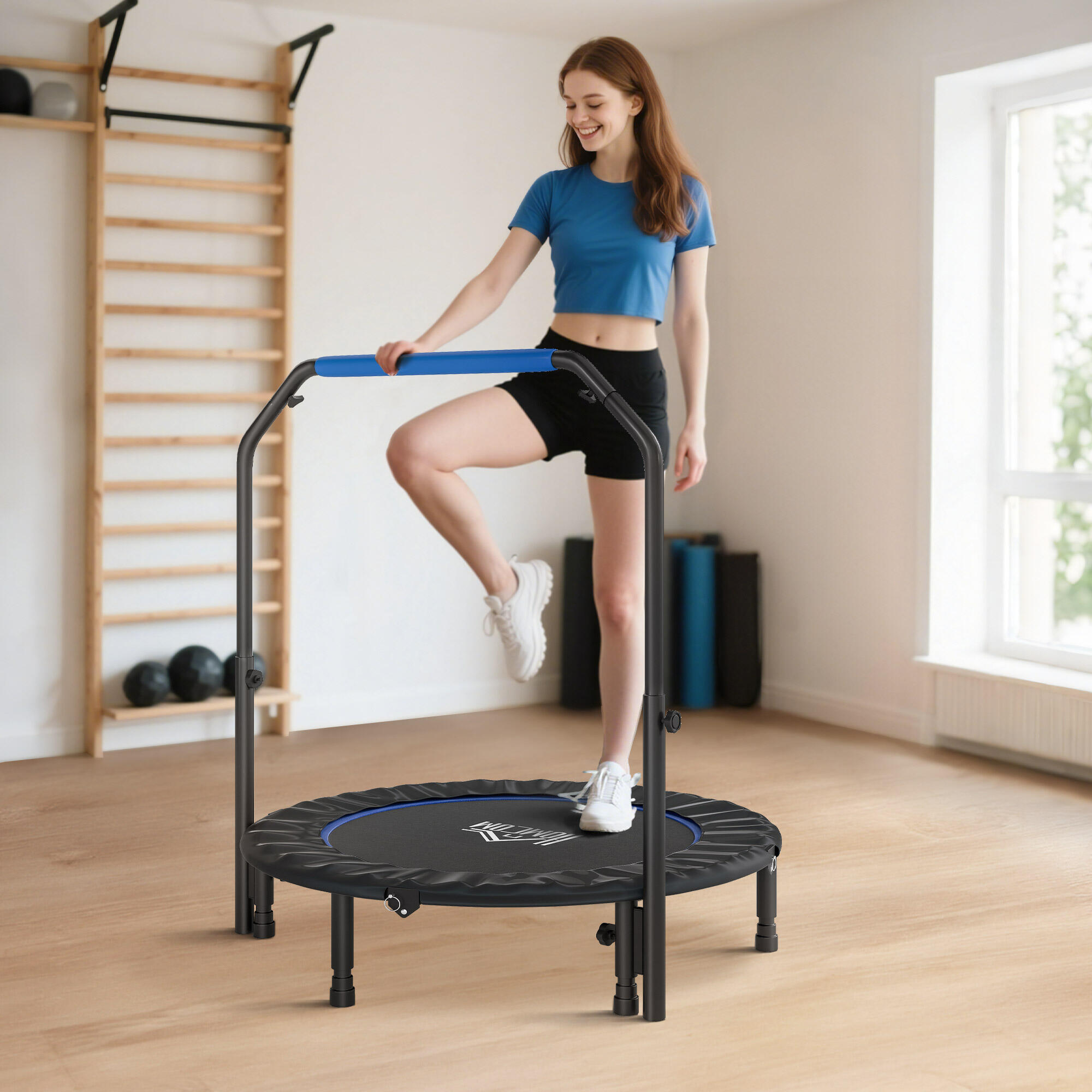 HOMCOM Trampolino Fitness Ø114 cm Pieghevole e Regolabile Blu e Nero 2/8