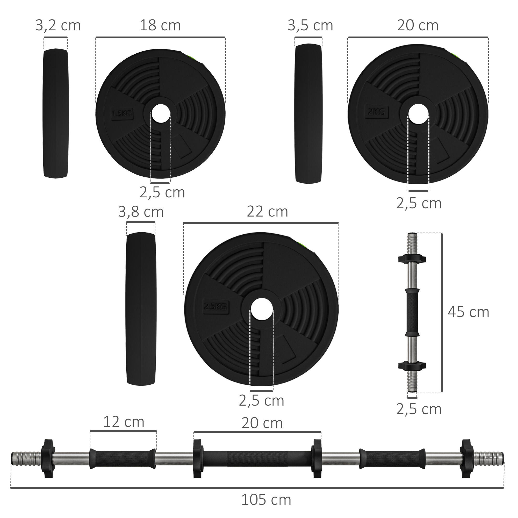 Conjunto de halteres 105x20x20 cm preto e verde SPORTNOW 3/5
