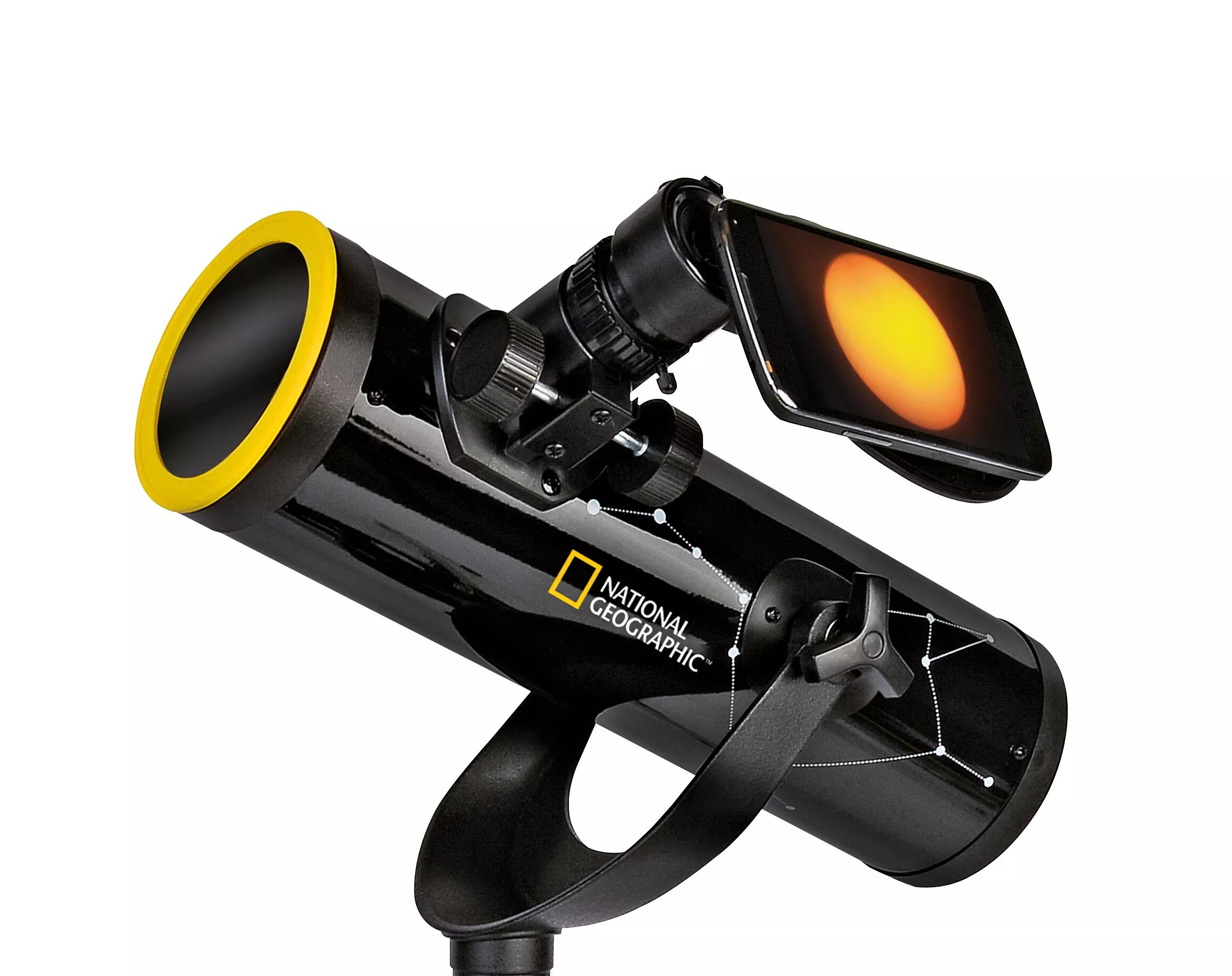 Telescopio 76/350 NATIONAL GEOGRAPHIC con Filtro solar y Soporte para Smartphone 3/6