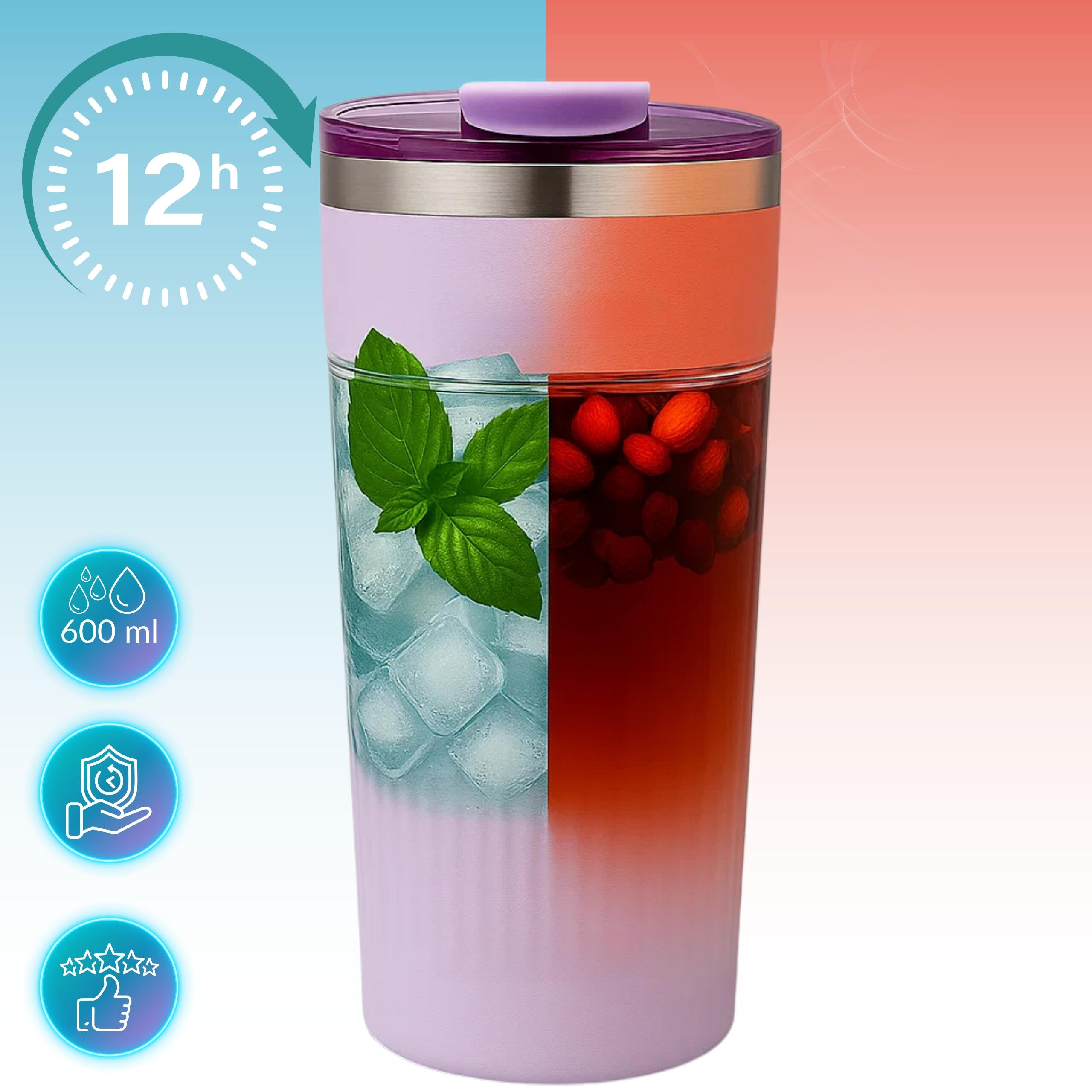 Tazza termica acciaio cannuccia 600 ml ermetica spazzolino 2/7