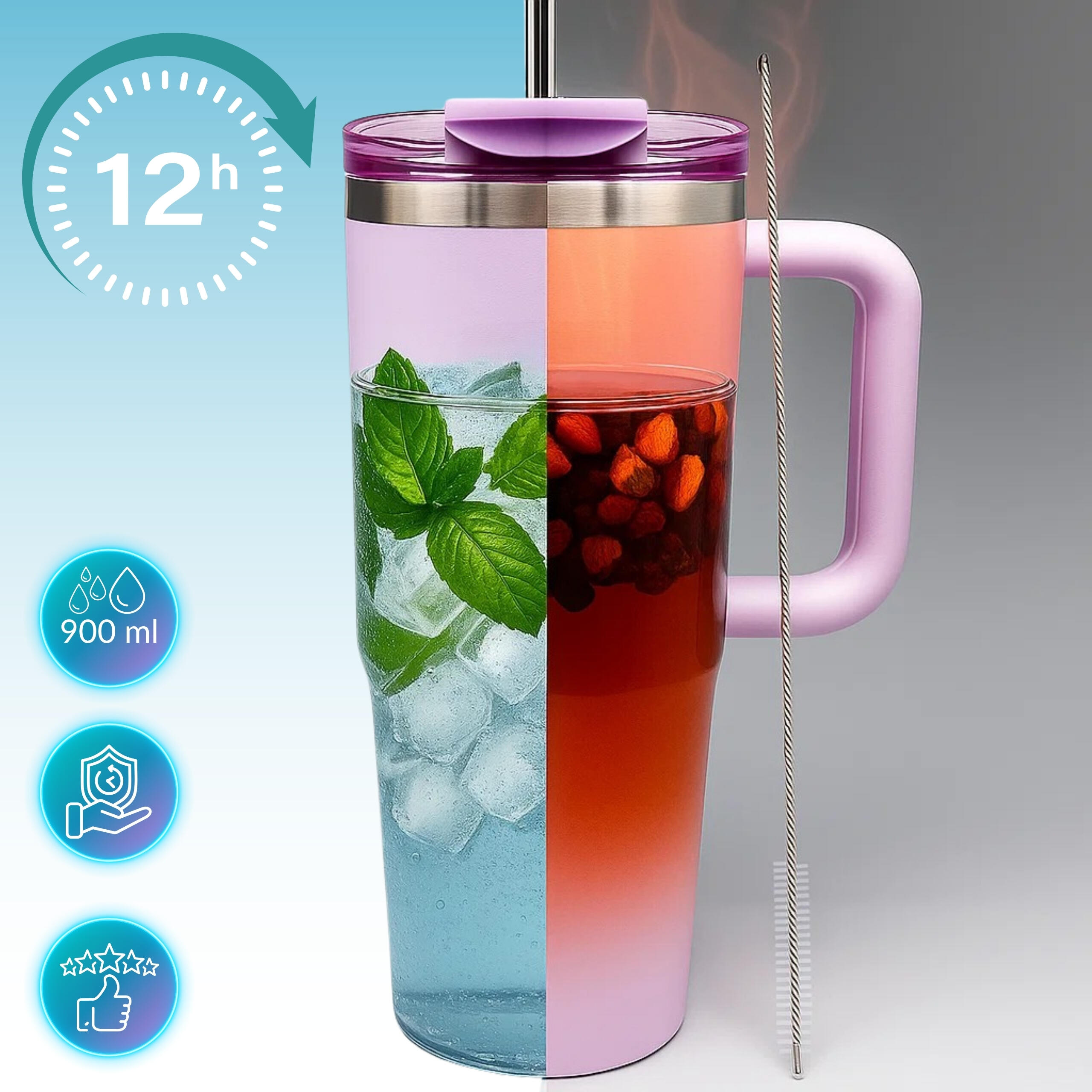 Vaso taza isotérmico de acero inoxidable 900 ml con pajita y asa 2/7