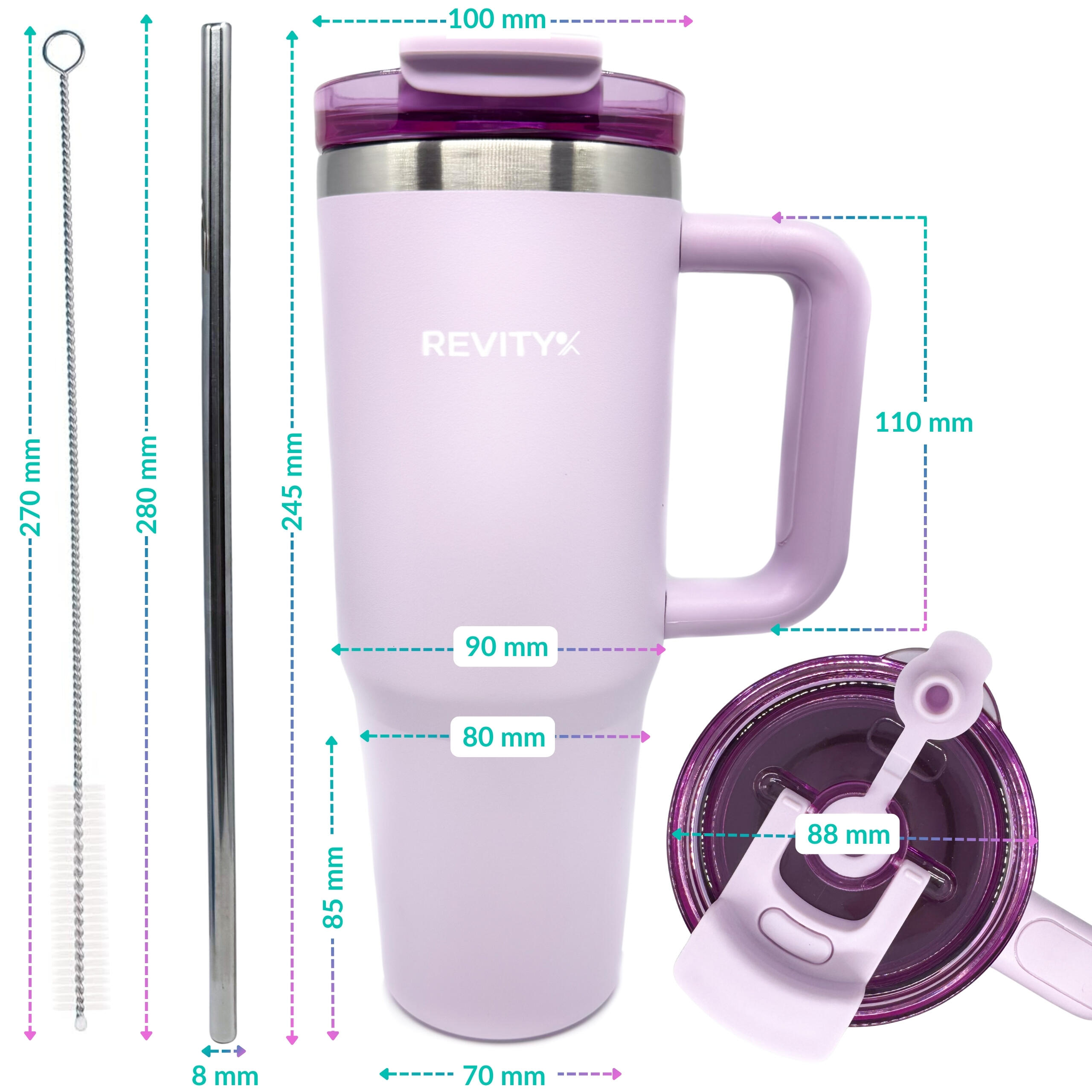 Vaso taza isotérmico de acero inoxidable 900 ml con pajita y asa 6/7