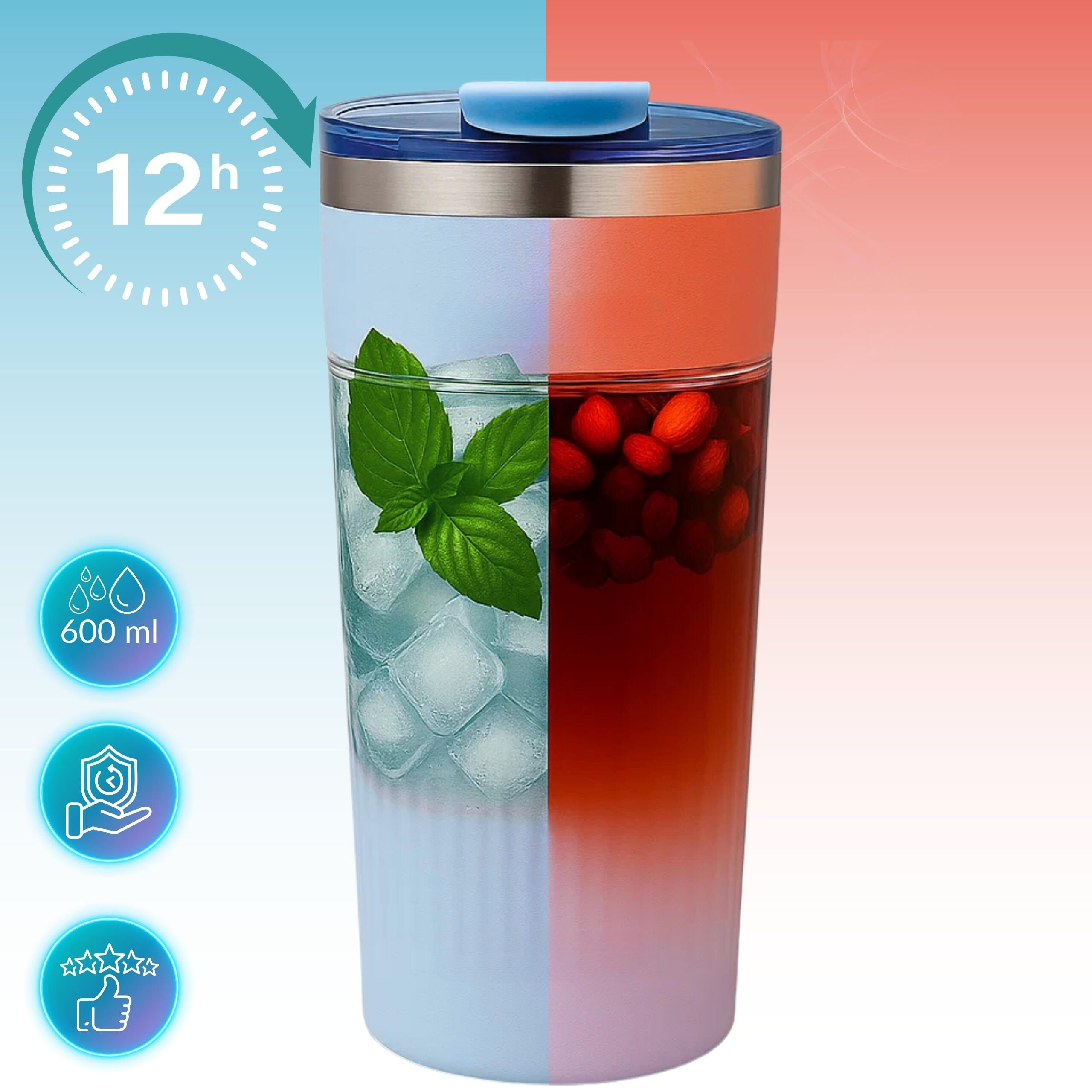 Thermosbeker - thermosfles met rietje RVS 600 ml + schoonmaakborsteltje 2/7