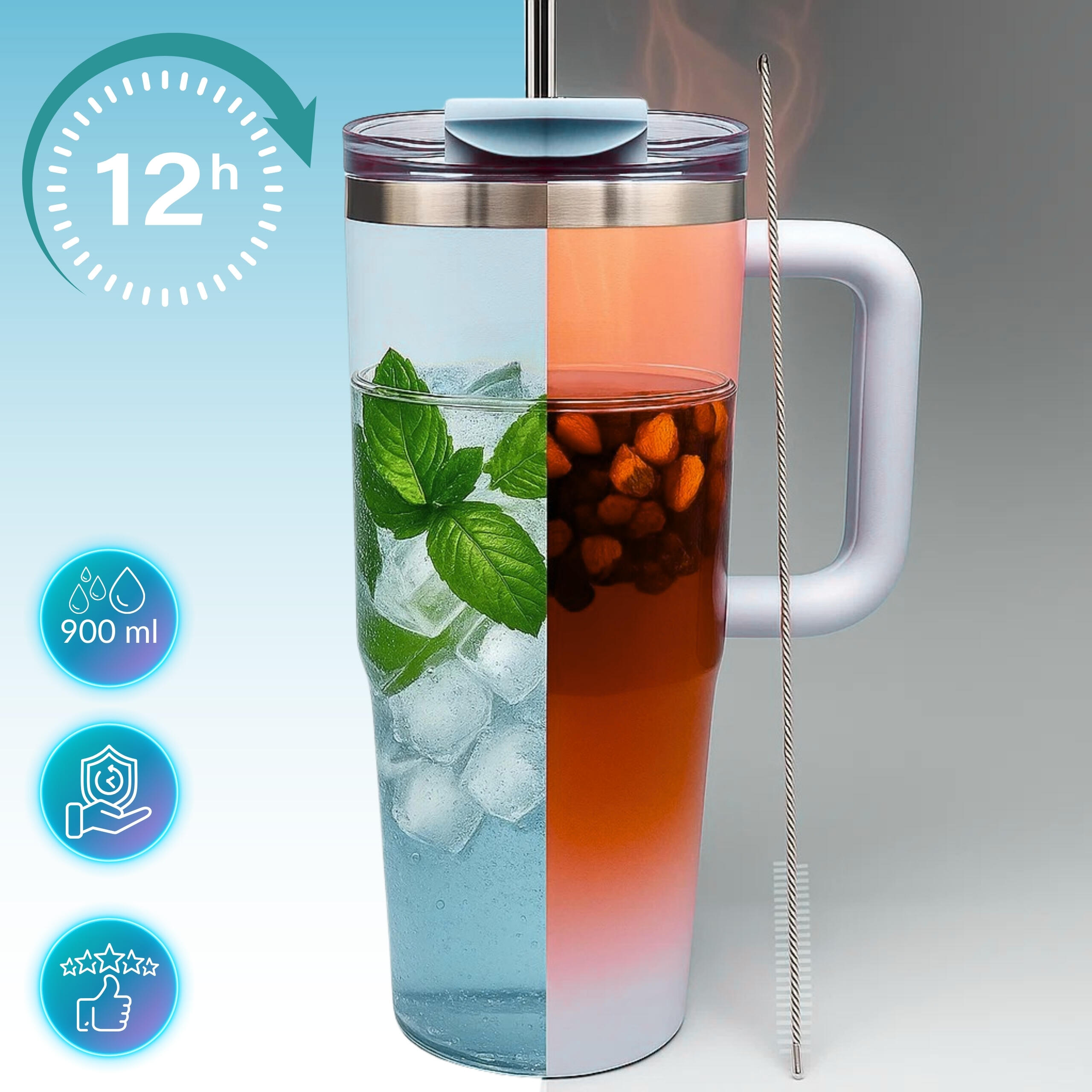 Vaso taza isotérmico de acero inoxidable 900 ml con pajita y asa 2/7