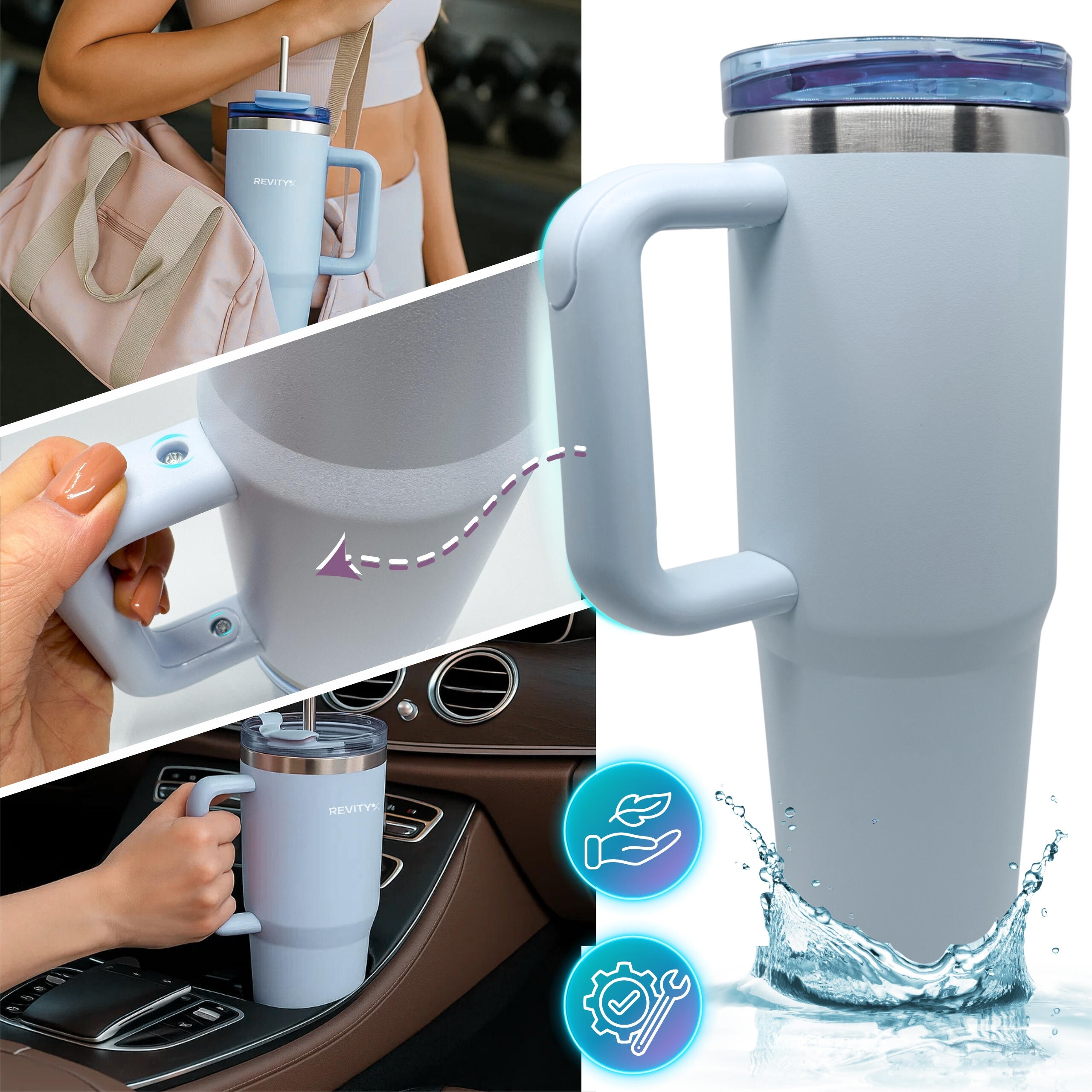 Vaso taza isotérmico de acero inoxidable 900 ml con pajita y asa 4/7