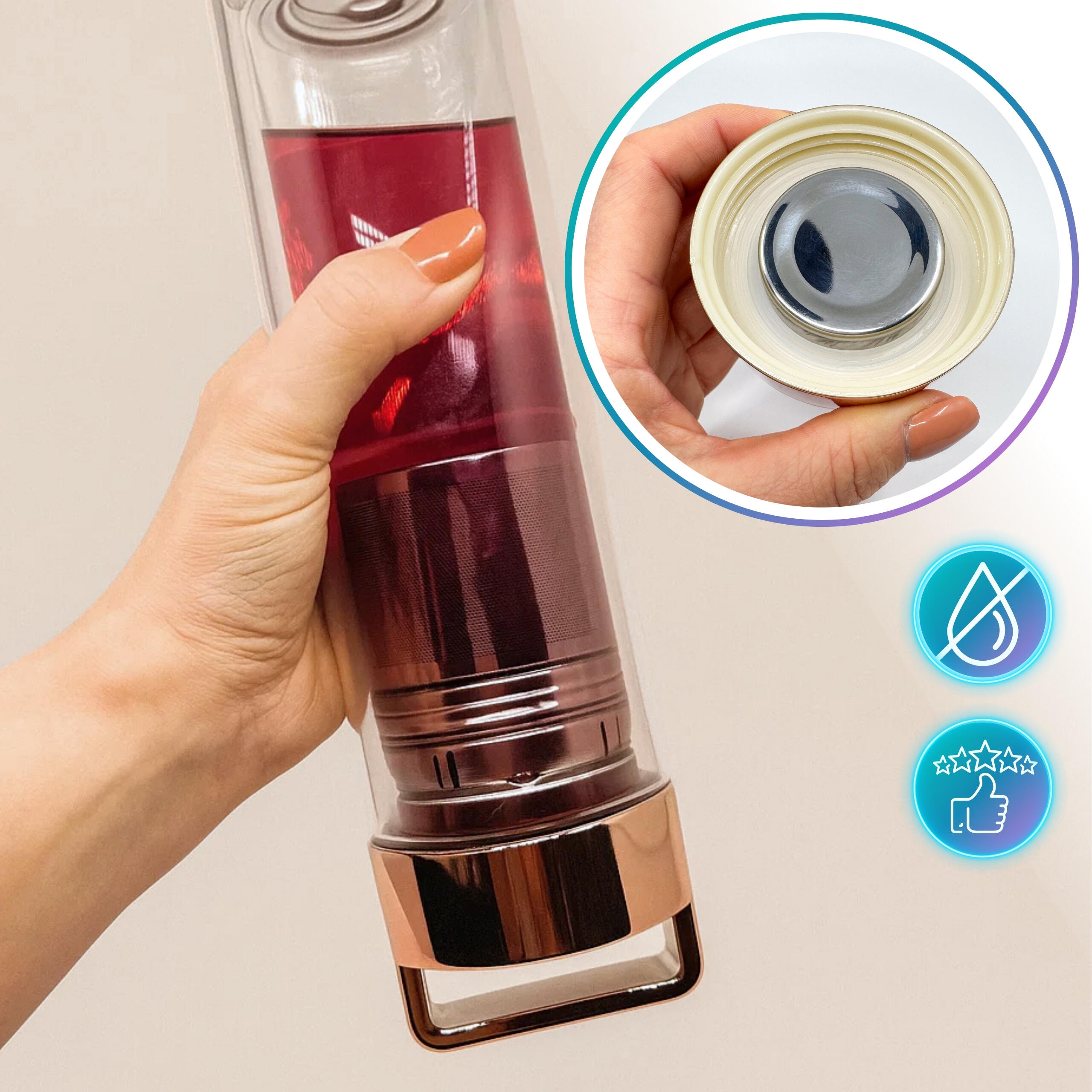 Botella de vidrio de doble pared 450 ml con infusor/filtro para té, rose gold 3/7