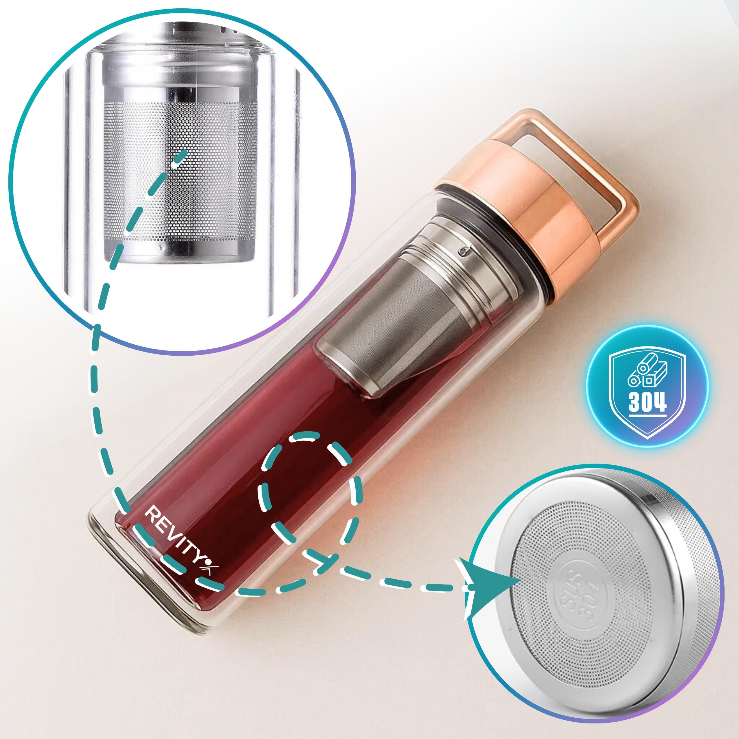 Botella de vidrio de doble pared 450 ml con infusor/filtro para té, rose gold 2/7