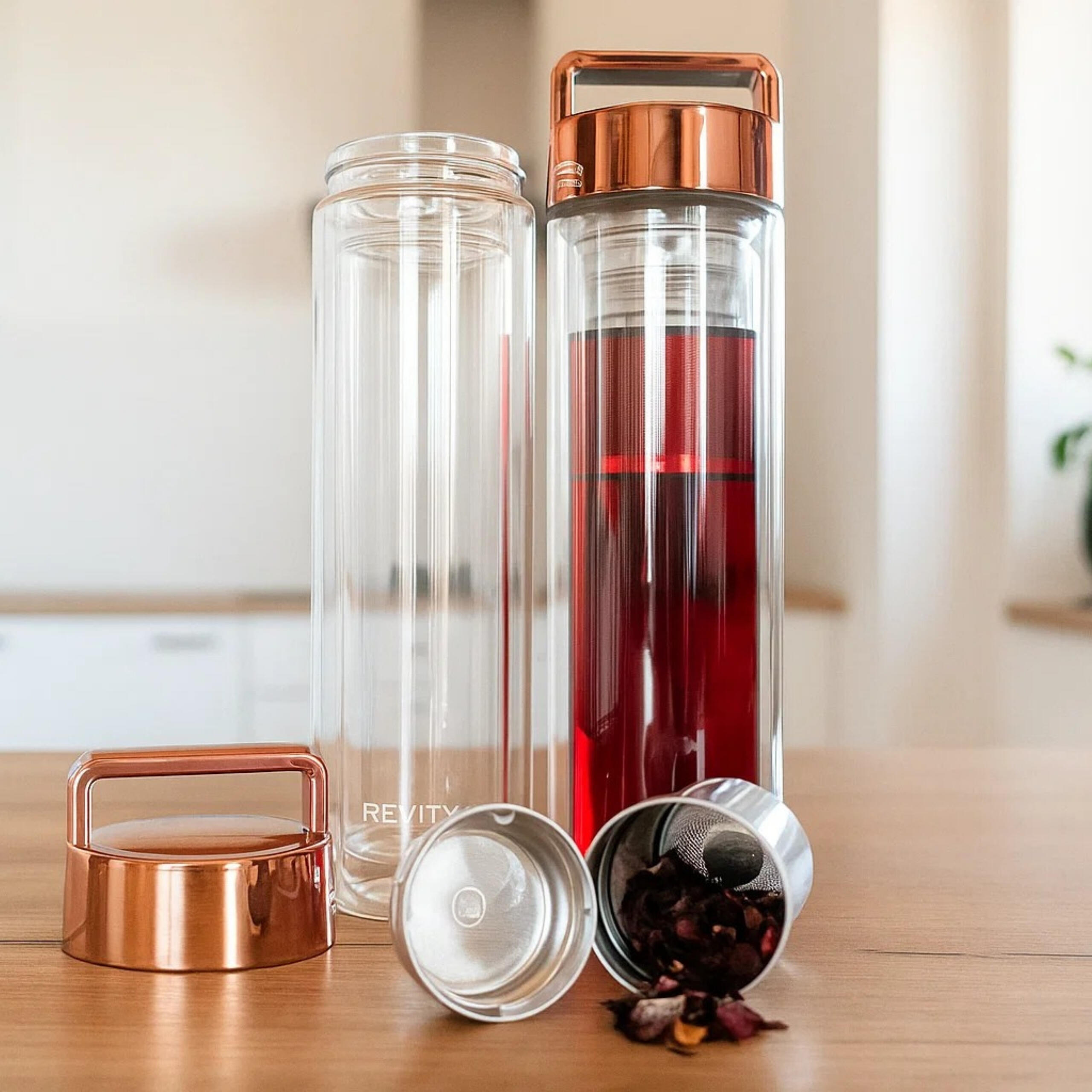 Botella de vidrio de doble pared 450 ml con infusor/filtro para té, rose gold 7/7