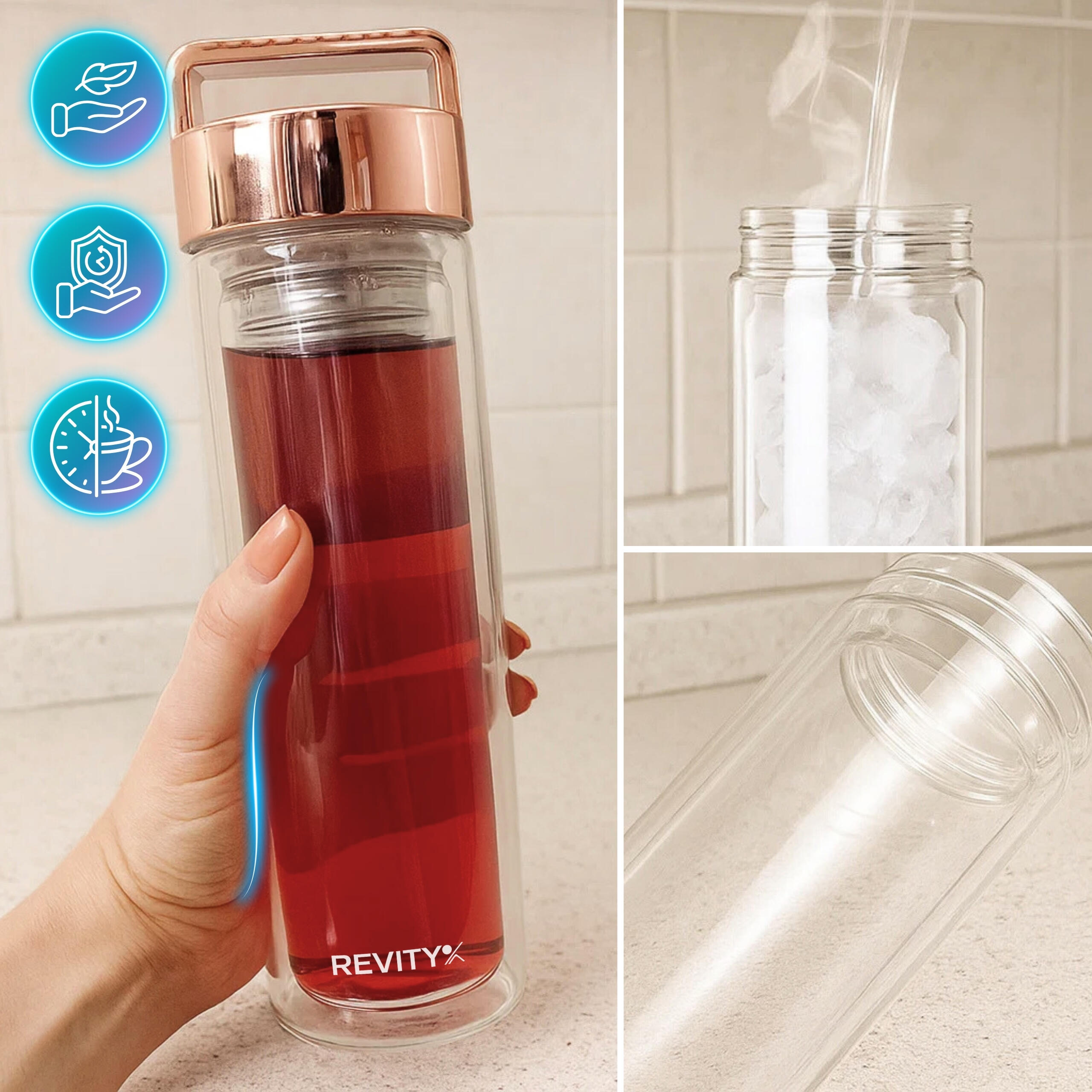 Botella de vidrio de doble pared 450 ml con infusor/filtro para té, rose gold 4/7