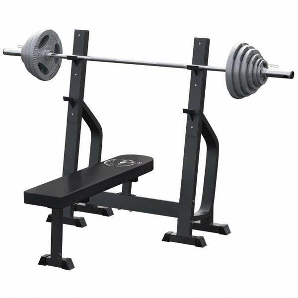 Vlakke halterbank met 130 kg olympische halter 1/15