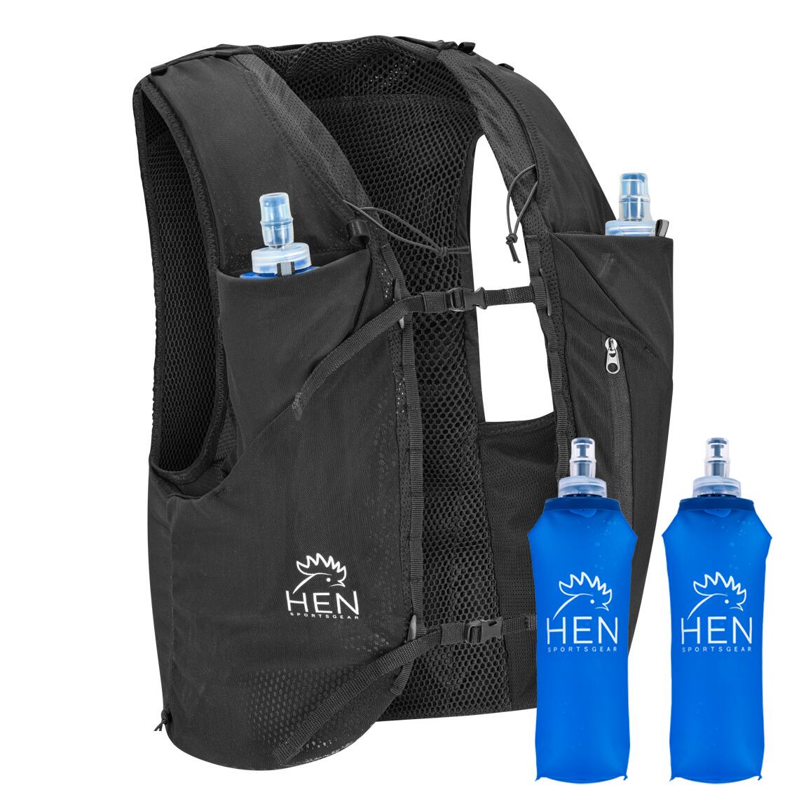 Hen Sportsgear - Sac À Dos Trail - Gilet Trail - Gilet Marathon - Avec 2 Bidons 500 Ml - Gilet De Running - Noir - 42 M/l - Decathlon