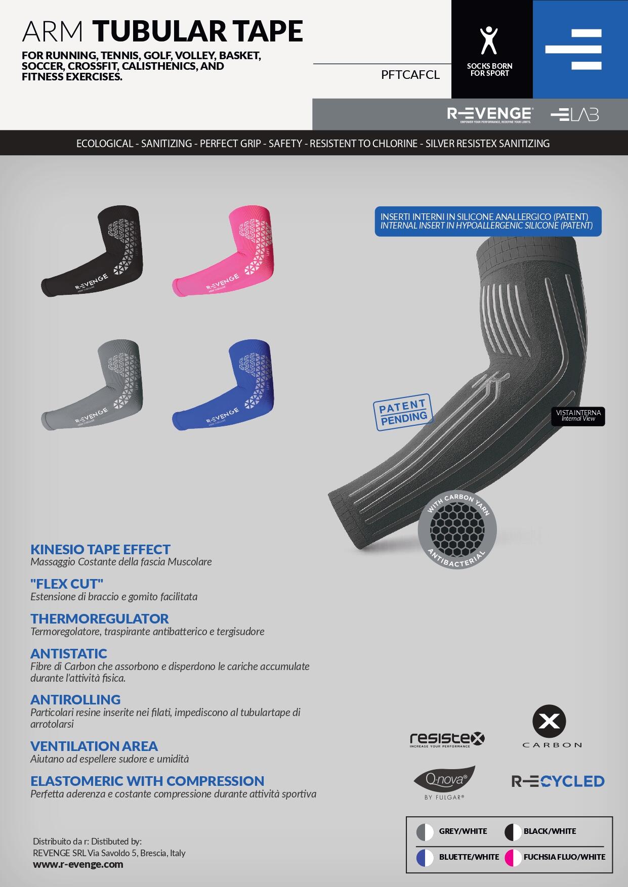 Manchons De Compression R-Evenge Arm Tubular Tape – Carbone, Silicone Intérieur, 100% Italie, Pour Running, Crossfit, Cyclisme
