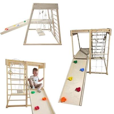 Kinder gym speeltuin met glijbaan schommel en ringen tygrys hout