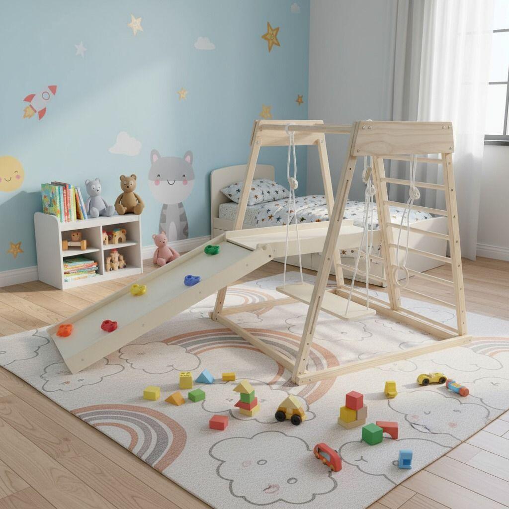 Enfants Gym Aire de Jeux avec Toboggan Balançoire Anneaux Tygrys Bois 7/7