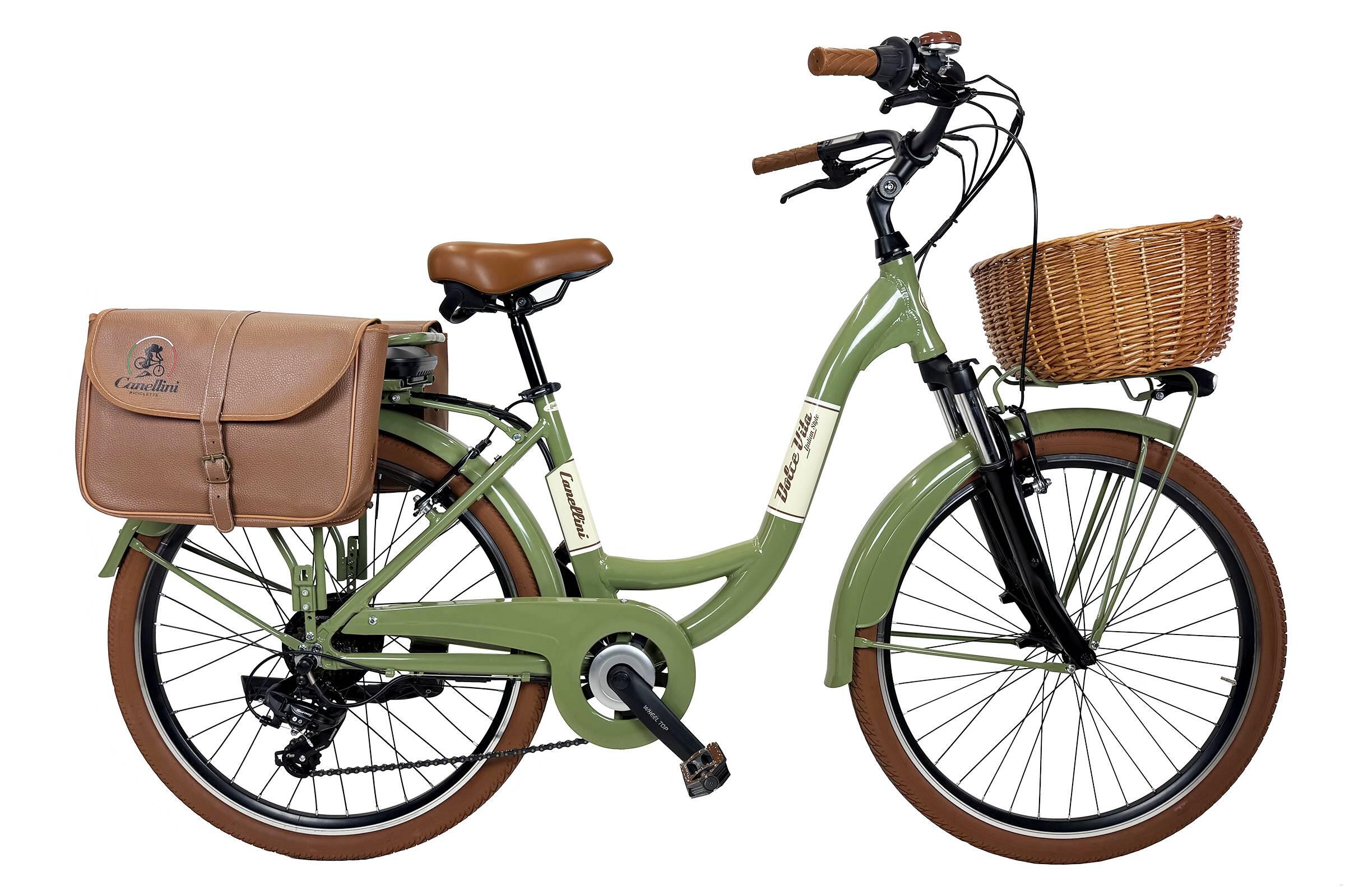 CANELLINI E-bike VENERE bici da città Dolce Vita con borse e cesto - verde oliva