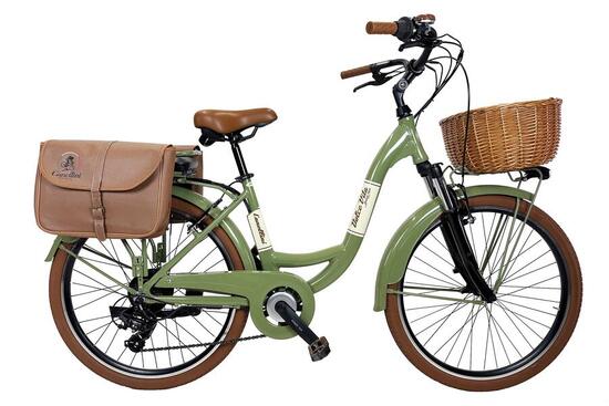 E-bike VENERE vélo de ville Dolce Vita avec sacs et panier - vert olive