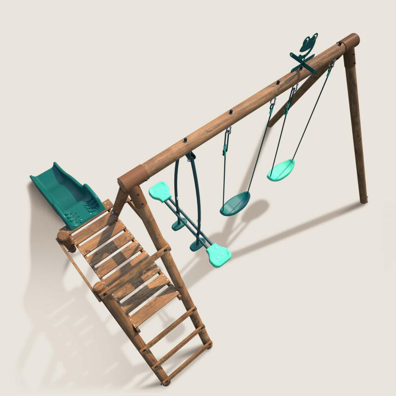 Portique en bois rond 3 agrès avec face à face et toboggan bas FIGUE 5/5
