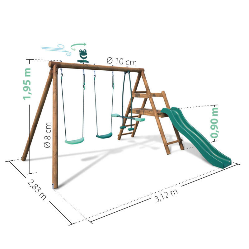 Portique en bois rond 3 agrès avec face à face et toboggan bas FIGUE 4/5