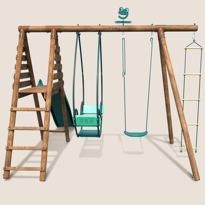 Portique en bois rond 3 agrès avec face à face, échelle et toboggan LAVANDE 2/5