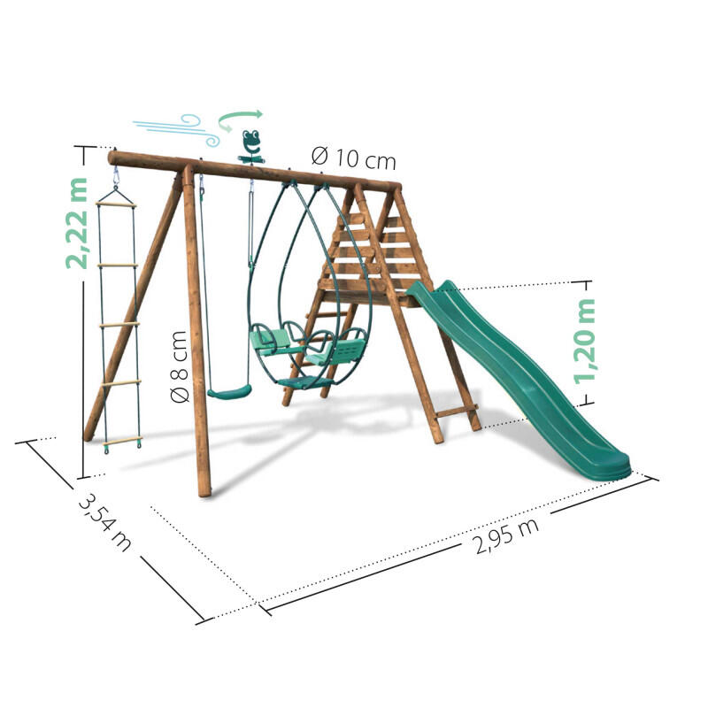 Portique en bois rond 3 agrès avec face à face, échelle et toboggan LAVANDE 4/5