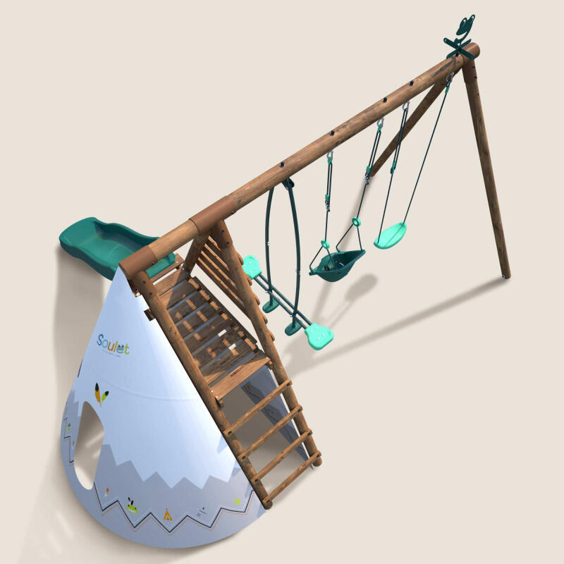 Portique en bois rond 3 agrès avec balançoire bébé, tipi et toboggan CAMELIA 5/5
