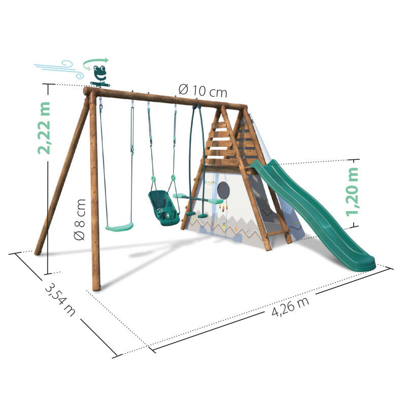 Portique en bois rond 3 agrès avec balançoire bébé, tipi et toboggan CAMELIA 4/5