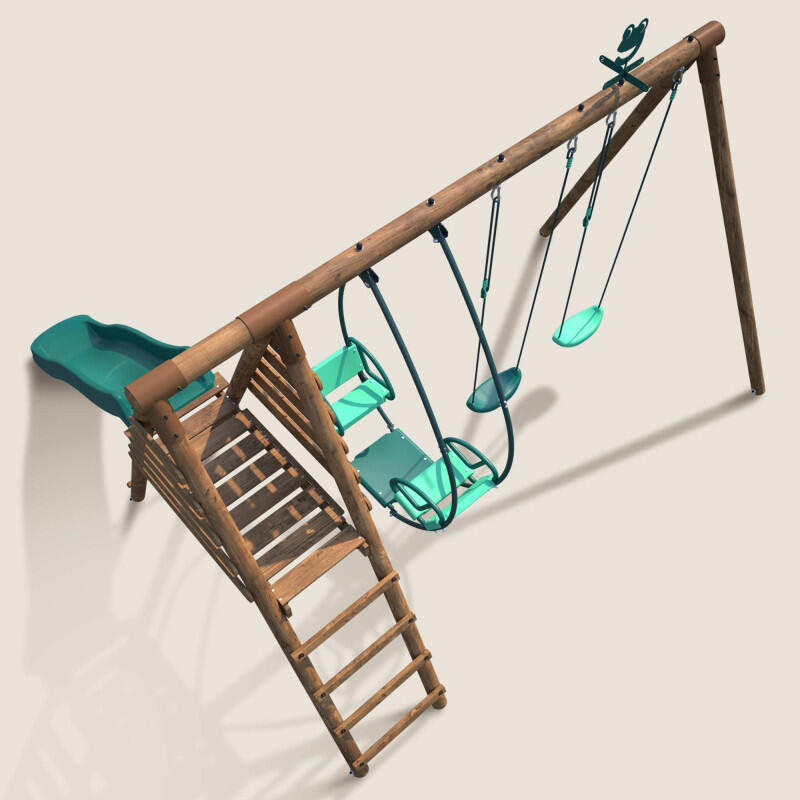Portique en bois rond 3 agrès avec face à face et toboggan NARCISSE 4/5