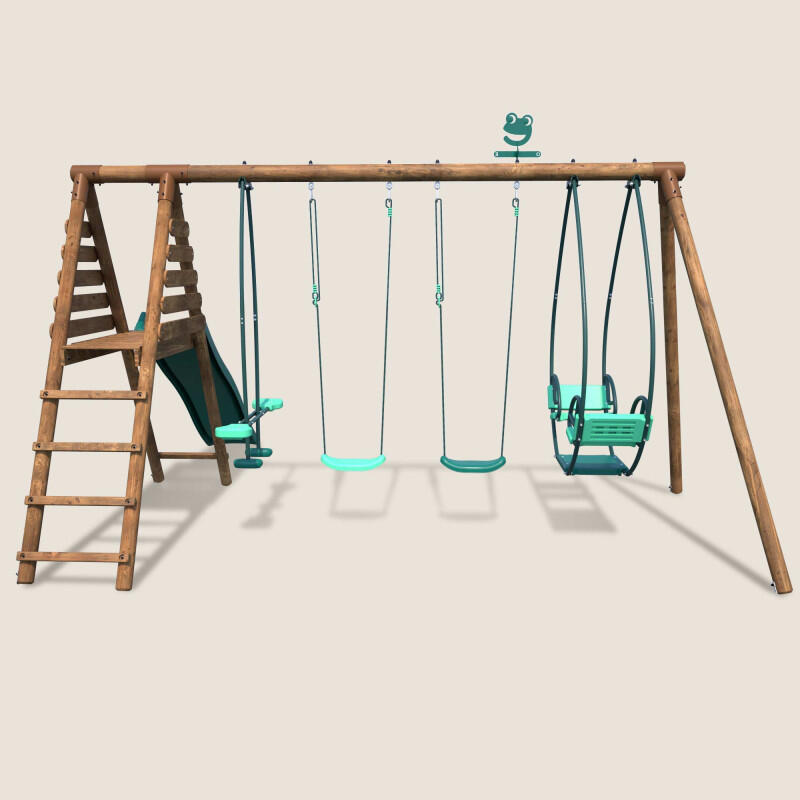Portique en bois rond 4 agrès avec face à face et toboggan JACINTHE 2/5