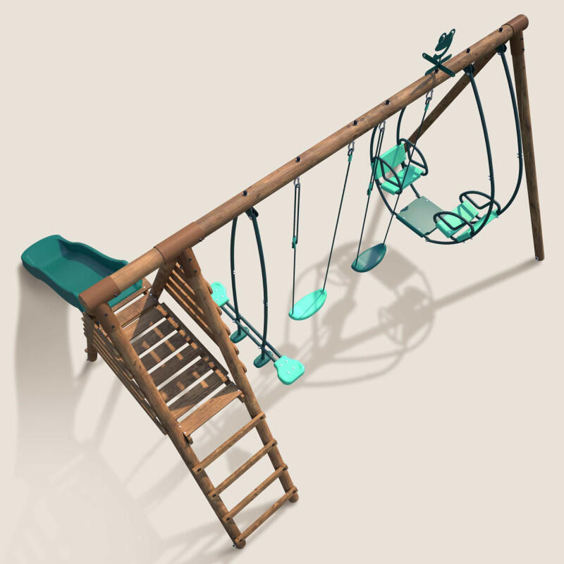 Portique en bois rond 4 agrès avec face à face et toboggan JACINTHE 5/5