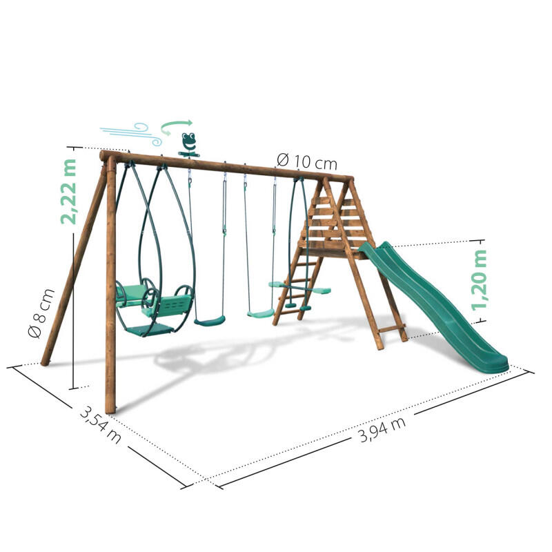 Portique en bois rond 4 agrès avec face à face et toboggan JACINTHE 4/5