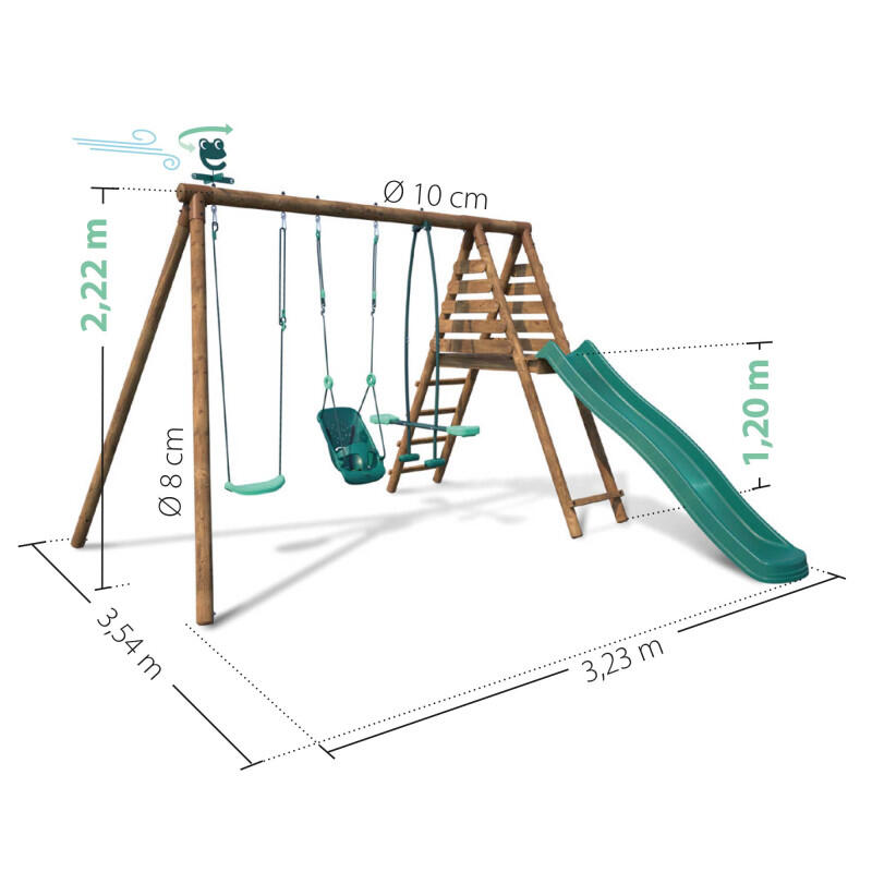 Portique en bois rond 3 agrès balançoire bébé, face à face et toboggan TULIPE 4/5