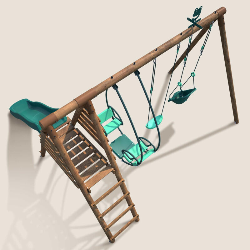 Portique en bois rond 3 agrès avec balançoire bébé et toboggan COLZA 5/5