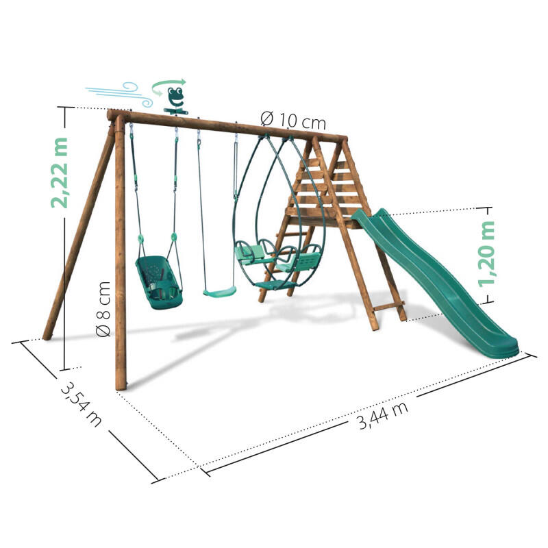Portique en bois rond 3 agrès avec balançoire bébé et toboggan COLZA 4/5