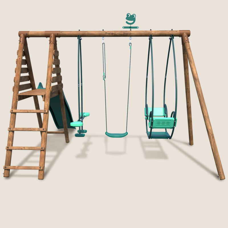 Portique en bois rond 3 agrès avec face à face et toboggan NIGEL 2/5