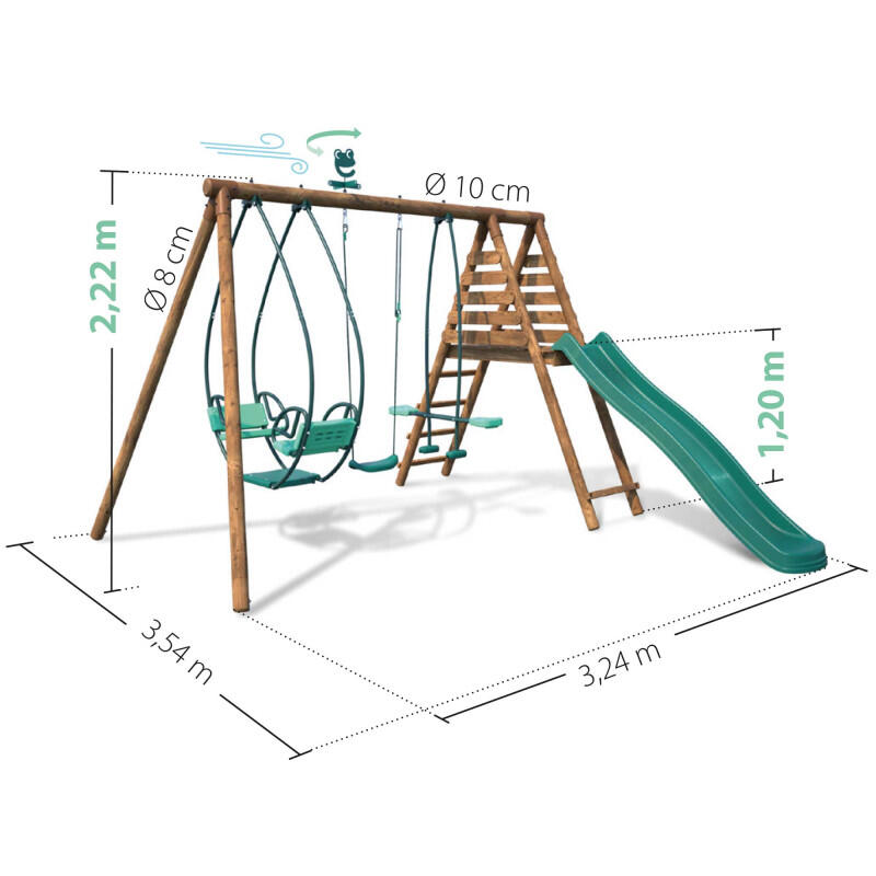 Portique en bois rond 3 agrès avec face à face et toboggan NIGEL 4/5
