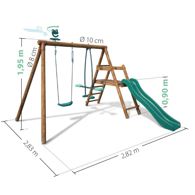Portique en bois rond 2 agrès avec balançoire et face à face MENTHE 4/5