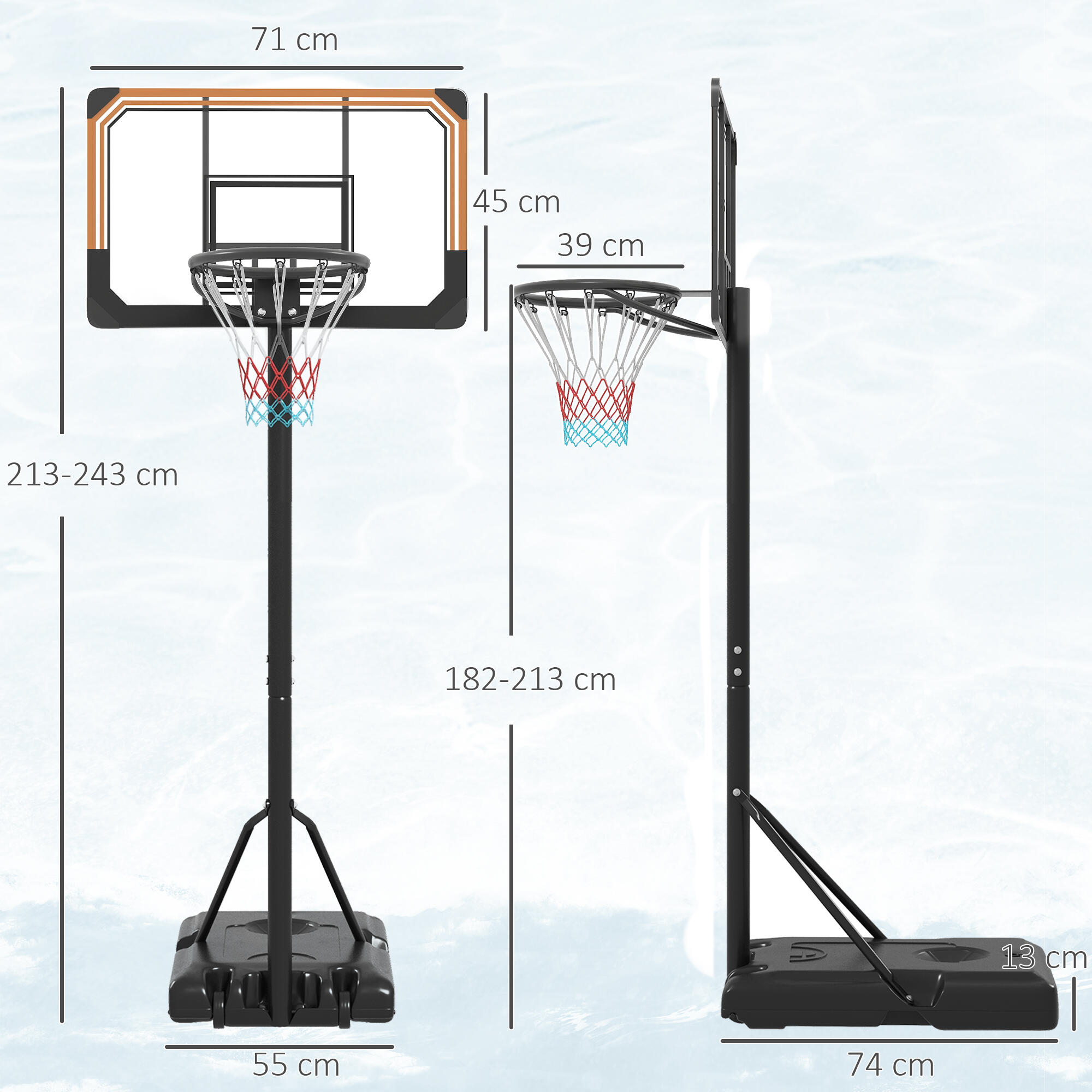 Tabela de basquetebol 71x45x235-264 cm preto SPORTNOW 3/7