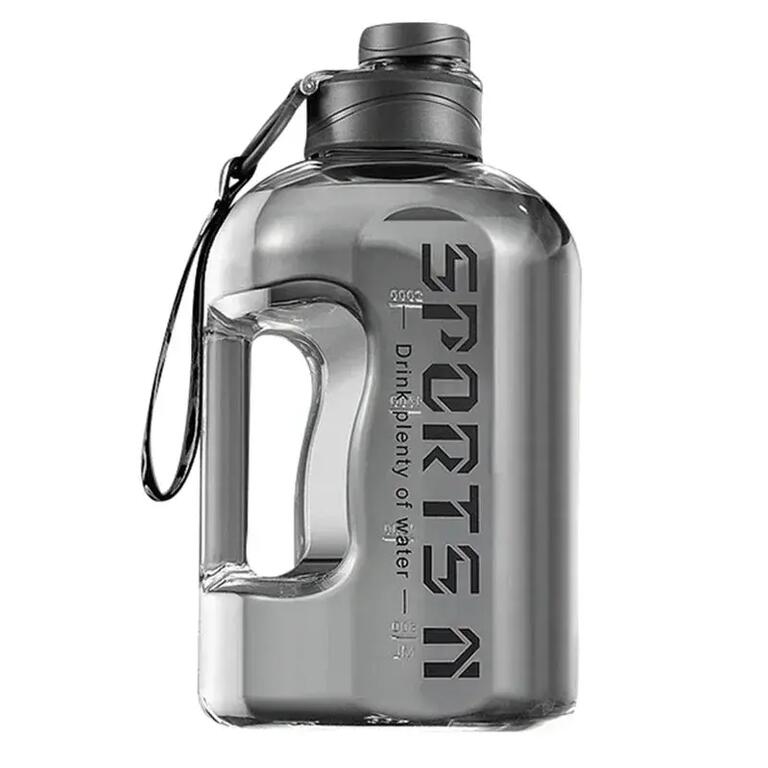 Grey 2.7L sports water bottle with built-in handle and carry strap