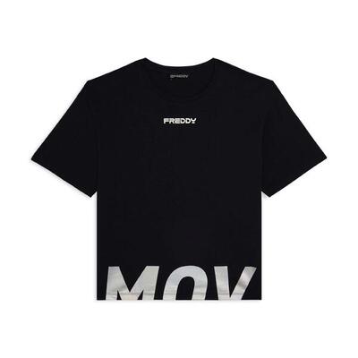 T-shirt cropped con spacchi laterali e stampa tagliata