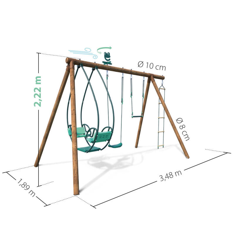 Portique en bois rond 4 agrès avec trapèze, échelle et face à face JULIETTE 4/5