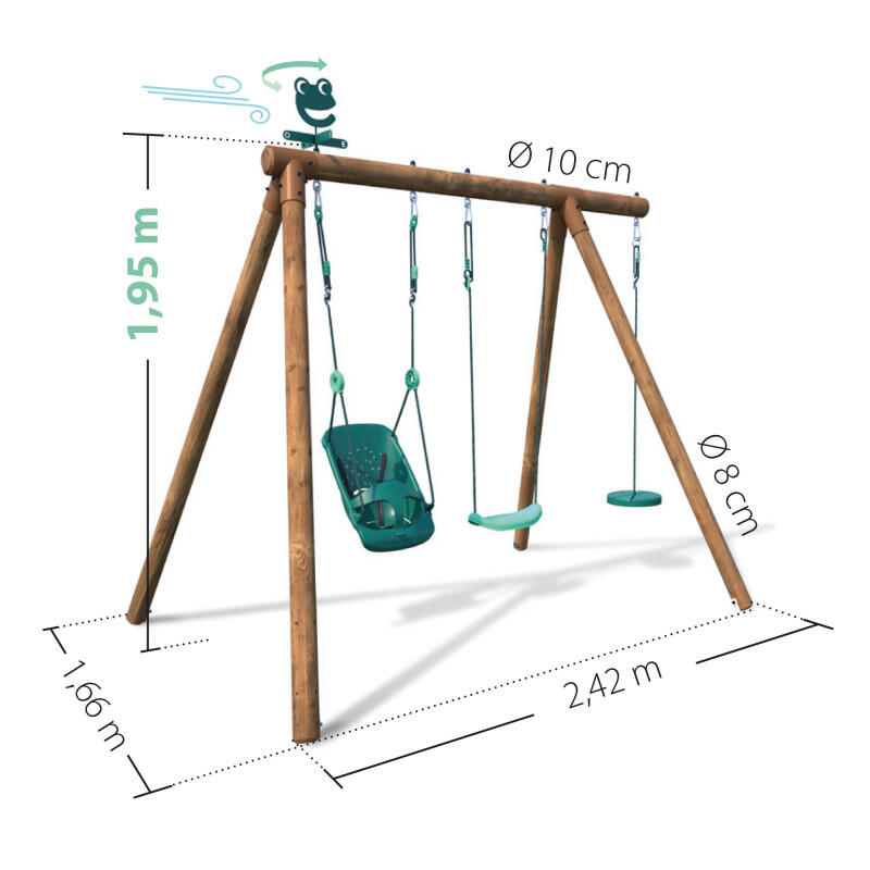 Portique en bois rond 3 agrès avec balançoire bébé et corde disque TIAGO 4/5
