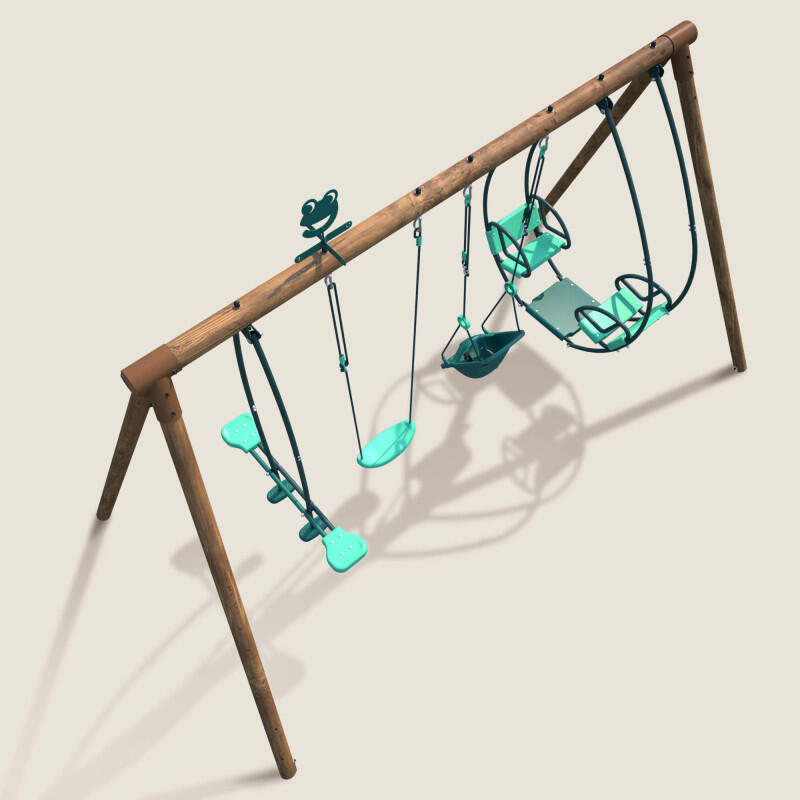 Portique en bois rond 4 agrès avec balançoire bébé et face à face SUZANNE 5/5