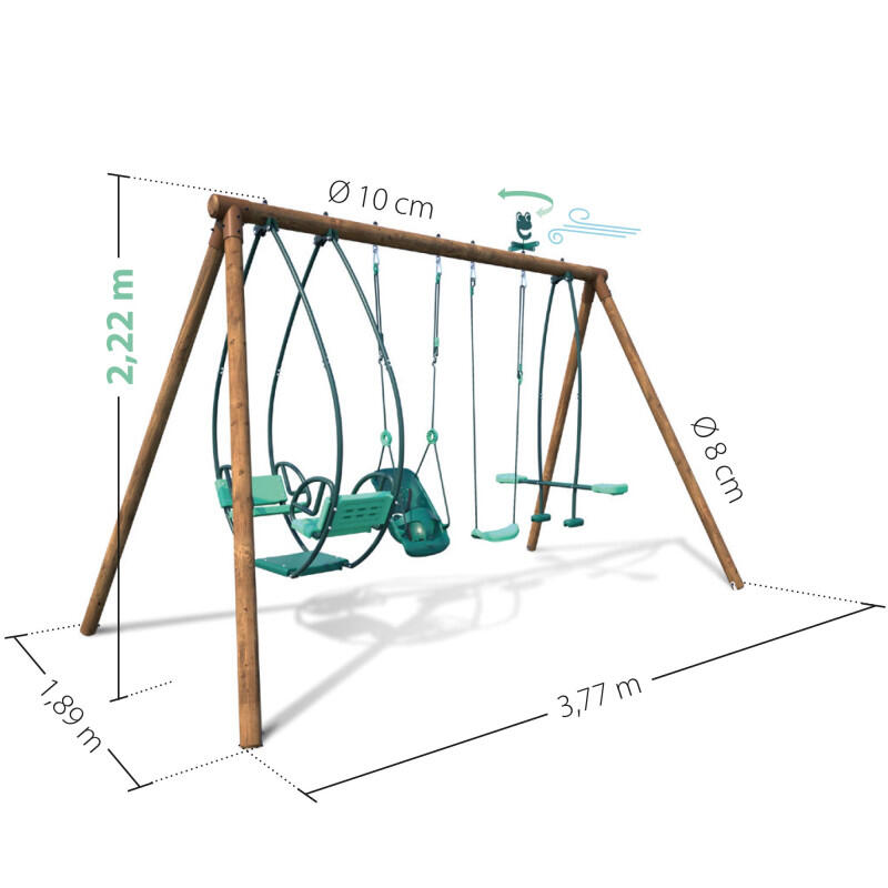 Portique en bois rond 4 agrès avec balançoire bébé et face à face SUZANNE 4/5