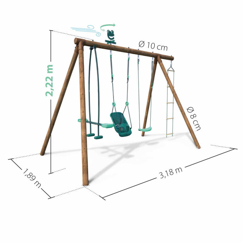 Portique en bois rond 4 agrès balançoire bébé, échelle et face à face SUZON 4/5