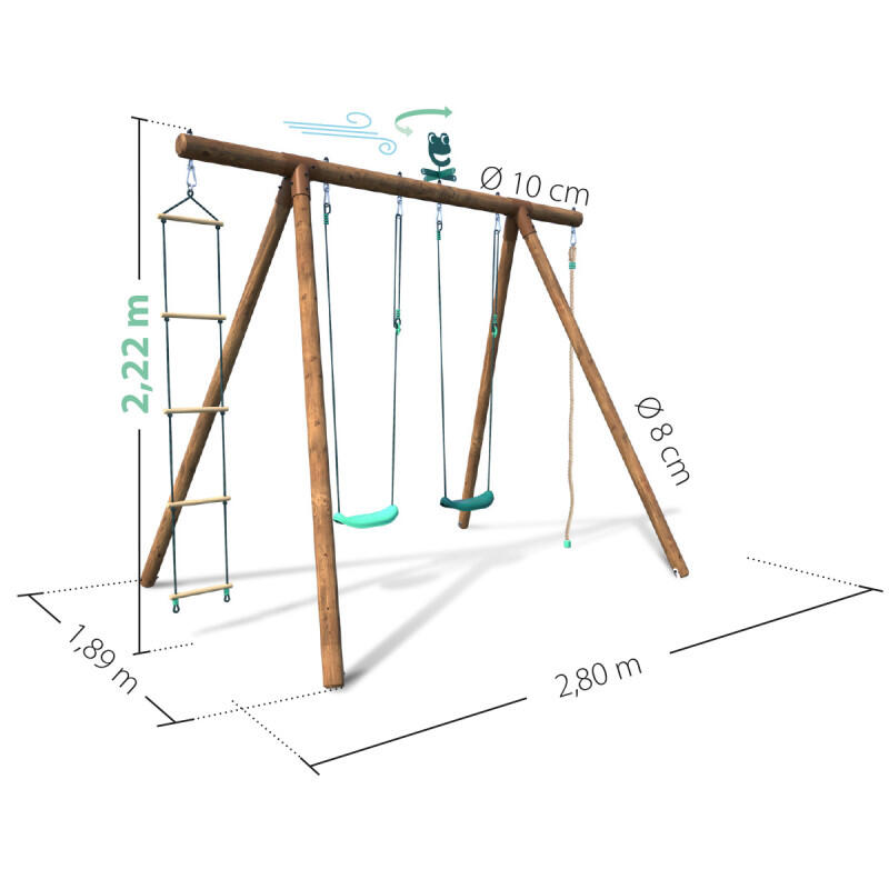 Portique en bois rond 4 agrès avec corde et échelle ERNEST 4/5