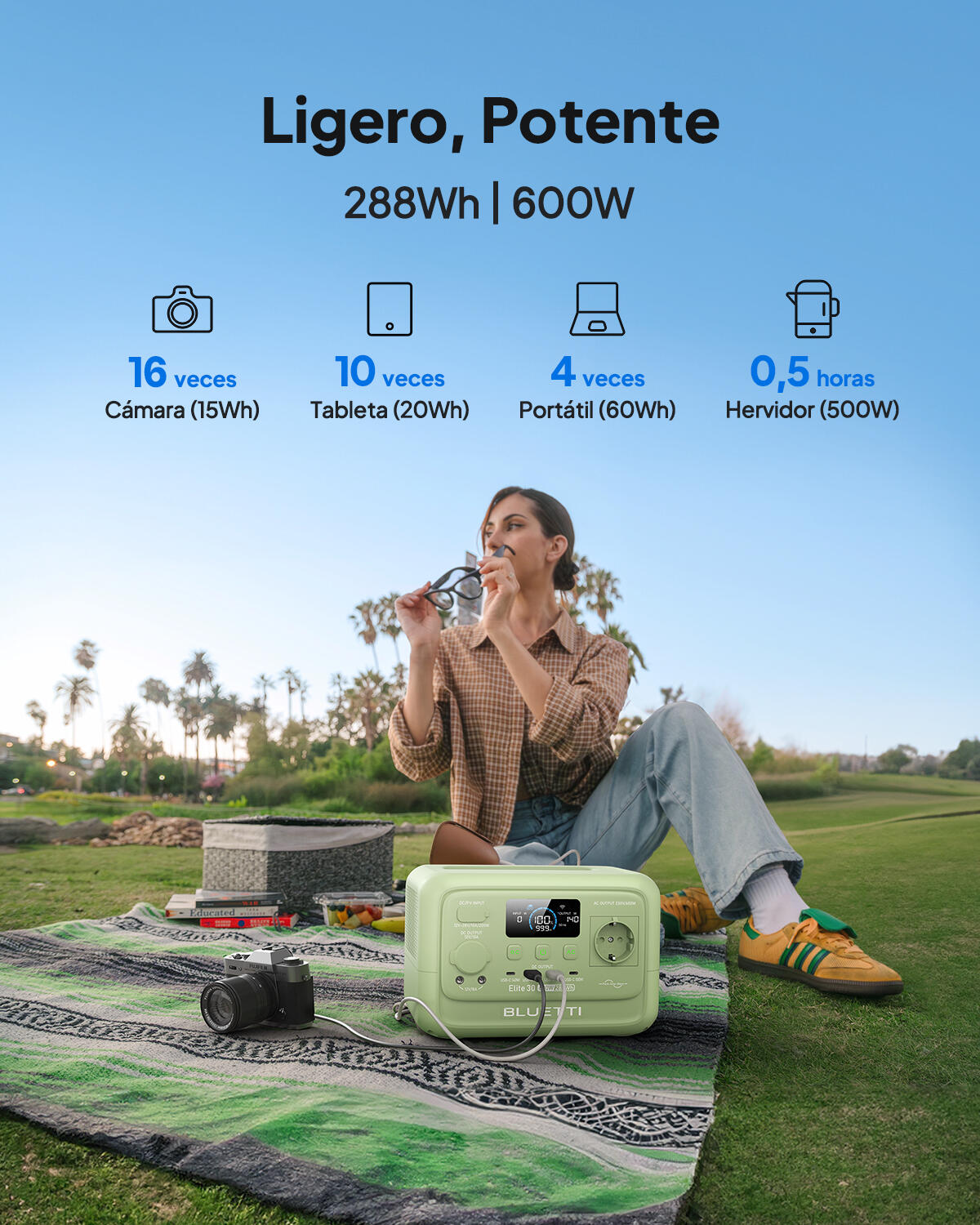 Gerador solar BLUETTI Elite 30 V2 600W + painel solar de 60W para campismo 5/7