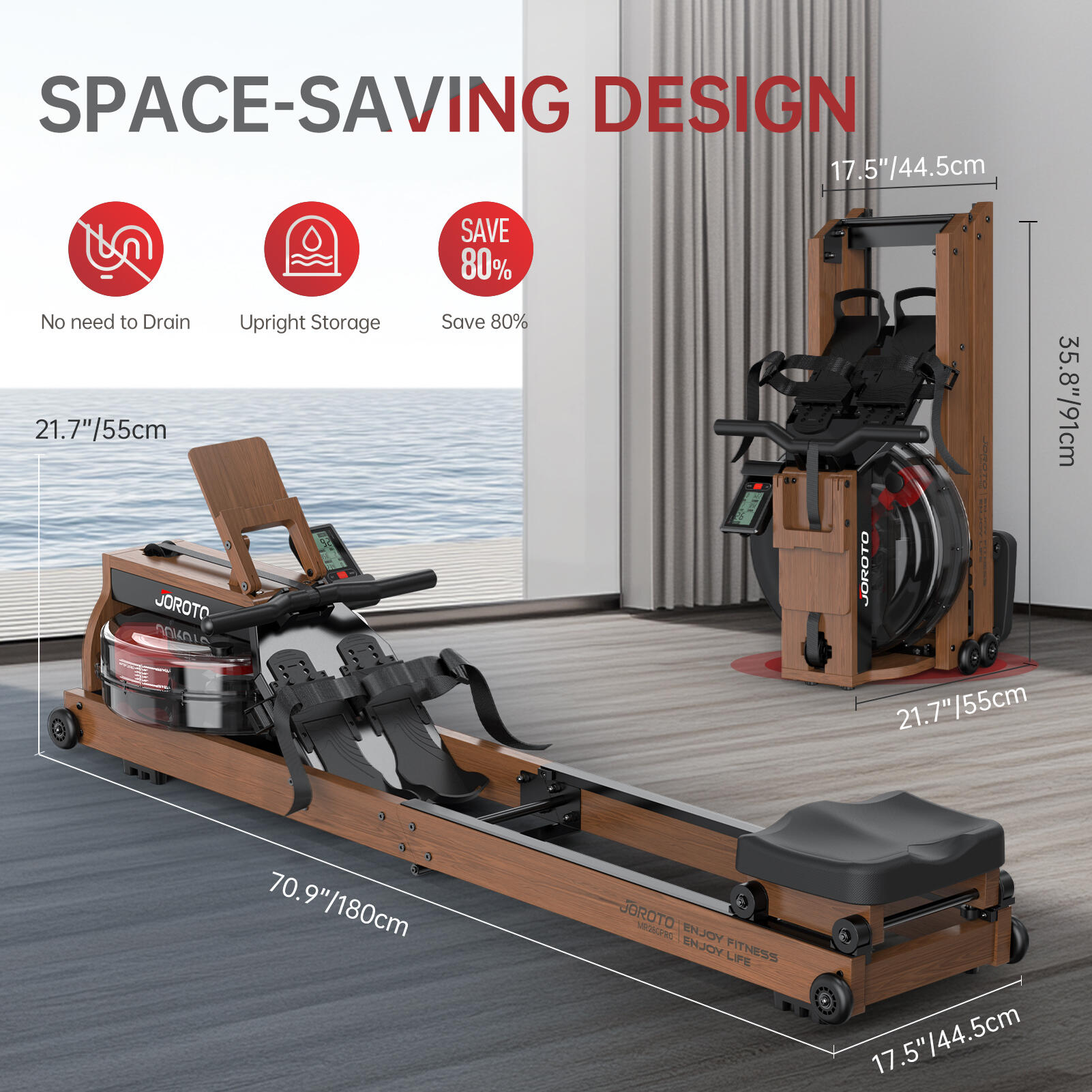 Rameur à eau pliable MR280PRO, couleur chêne, 6 résistance, KINOMAP, 150kg 6/7