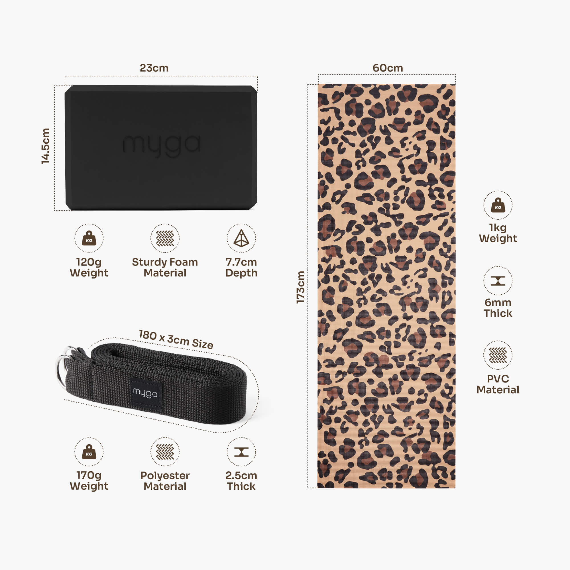 Zestaw do jogi Leopard Yoga Set: mata, klocek, pasek 6/7
