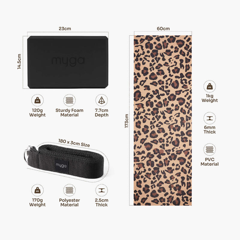 Set yoga Leopard: saltea, bloc, curea